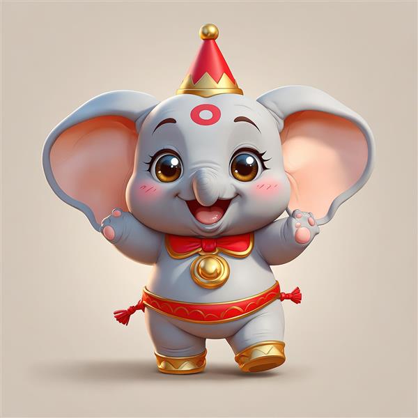 فیل سیرک با کلاه مخروطی تولد و پاپیون قرمز و طلایی مناسب چاپ عریض