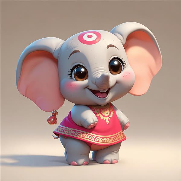 عروسک فیل کارتونی با پیراهن صورتی شاد و طرح سنتی طلایی برای تابلو اتاق نوزاد