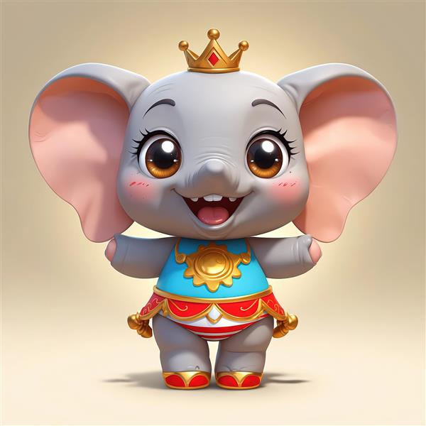 تصویر فیل عروسکی ملکه با تاج طلایی و لباس آبی و قرمز سیرک باکیفیت بالا