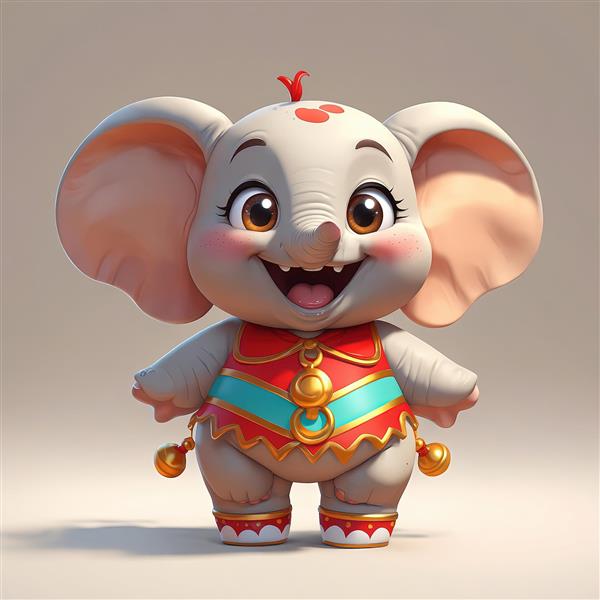 عروسک فیل با لباس سیرک و زنگوله‌های طلایی آویزان در یک تصویر پر انرژی