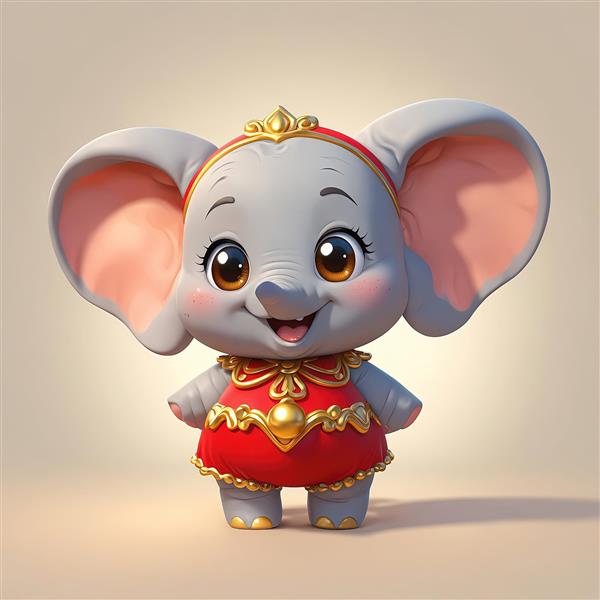 فیل کارتونی شاد با هدبند سلطنتی و پیراهن قرمز طلایی مناسب تم تولد
