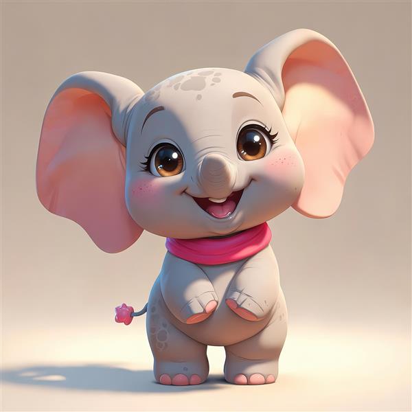 فیل عروسکی خندان با شال گردن صورتی و دم آویز برای طرح‌های مهد کودک