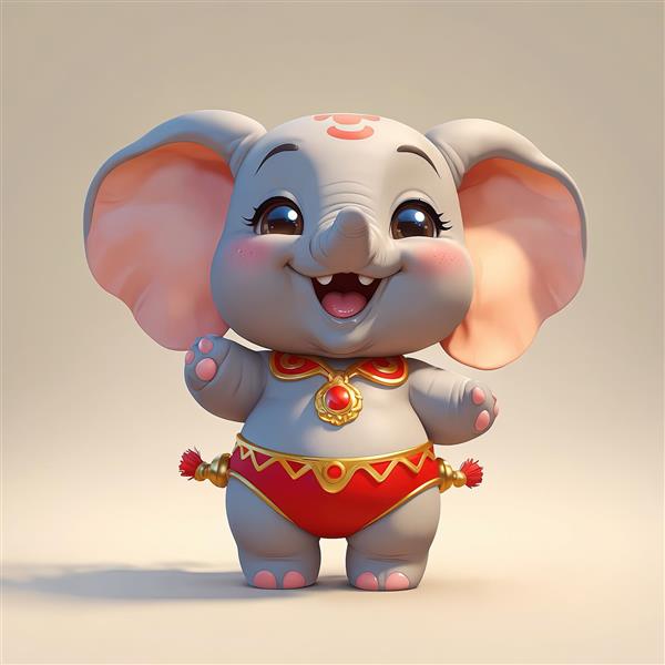 تصویر فیل عروسکی کودکانه شاد با لباس سیرک و دامن قرمز برای اتاق کودک