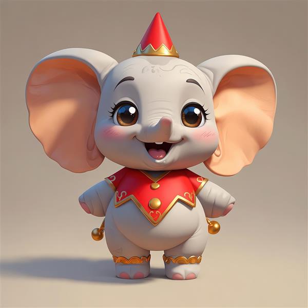 فیل کارتونی با کلاه سیرک قرمز و لباس طلایی و قرمز (تم دامبو)