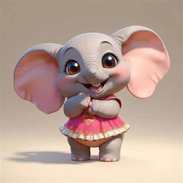 فیل کارتونی با لباس صورتی گلدار و یقه طلایی و ژست دست به سینه
