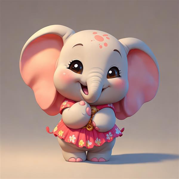 فیل کارتونی شاد با لباس صورتی گلدار و خال‌های صورتی روی پیشانی