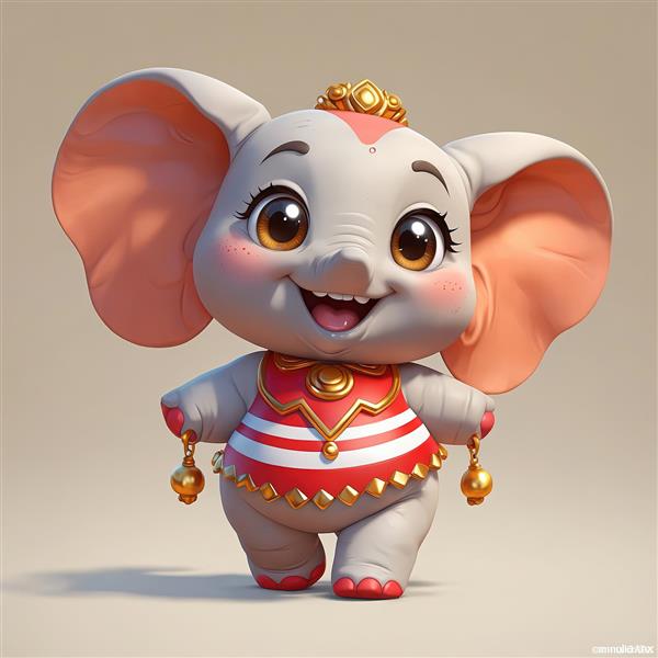 فیل کارتونی دامبو با لباس سیرک راه‌راه قرمز و آویزهای طلایی