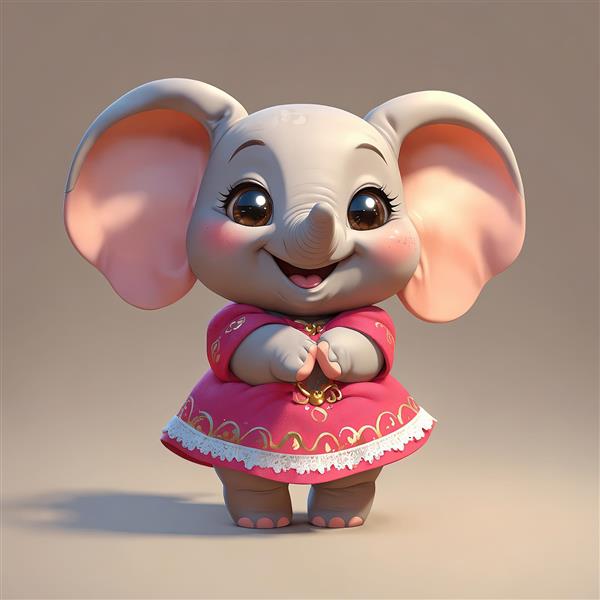 فیل کارتونی با لباس صورتی طرح‌دار و دست‌های جلوی سینه (ژست محجوب)