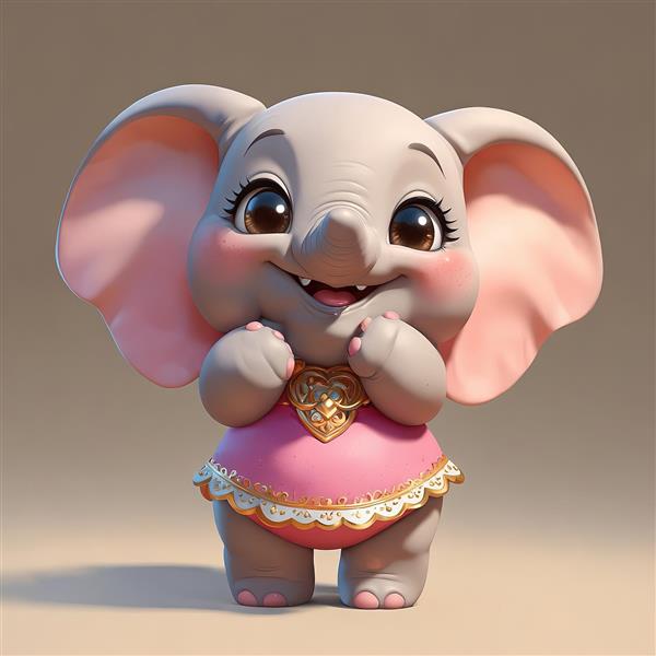 فیل کارتونی با لباس صورتی و طرح قلب طلایی و دست‌های در حال دعا