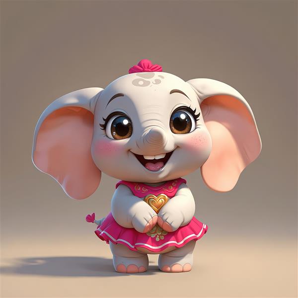 فیل کارتونی دخترانه با لباس صورتی، قلب طلایی و گل موی سرخابی