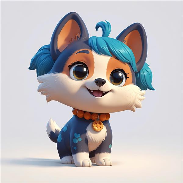 توله سگ کارتونی با موهای فانتزی آبی و قلاده کدو حلوایی نارنجی