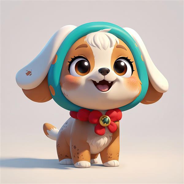 تولتوله سگ کارتونی شاد با کلاه آبی و گوش‌های آویزان و گل گردنی