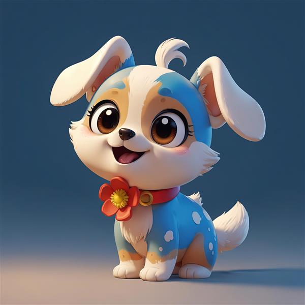 توله سگ کارتونی خالدار آبی و سفید با گل سینه نارنجی و گوش‌های آویزان