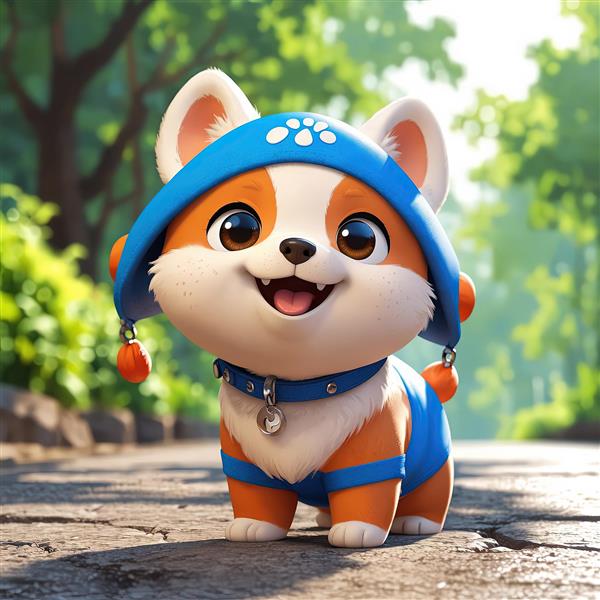 توله سگ کارتونی با کلاه زمستانی آبی در پارک یا جنگل سرسبز