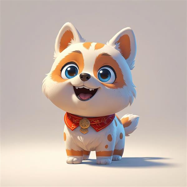 توله سگ کارتونی سفید و نارنجی با خال‌های درشت و یقه قرمز چهارخانه