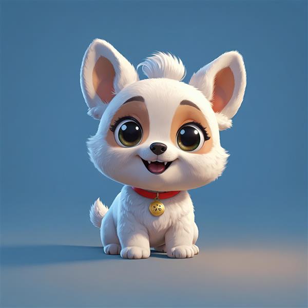 توله سگ سفید کارتونی با چشم‌های درشت و خال قهوه‌ای و قلاده زنگوله‌دار