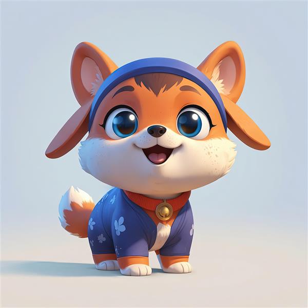 توله سگ کارتونی نارنجی با لباس آبی گلدار و کلاه و یقه قرمز