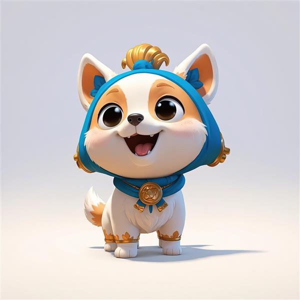 توله سگ سفید و نارنجی کارتونی با کلاه و یقه آبی سلطنتی و تزئینات طلایی