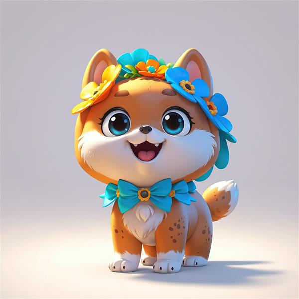 توله سگ کارتونی با تاج گل آبی و نارنجی و پاپیون بزرگ آبی
