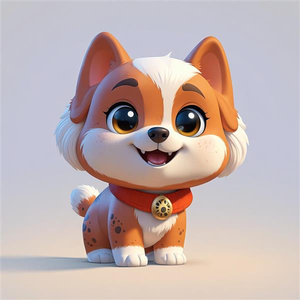 توله سگ کارتونی نارنجی و سفید خالدار با قلاده قرمز و آویز طلایی