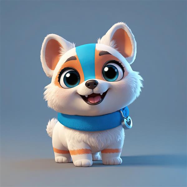 توله سگ کارتونی با چشم‌های آبی و نوار نارنجی و آبی (استایل اکشن)