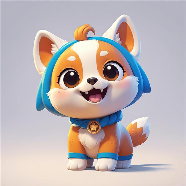 تصویر 3D توله سگ کارتونی نارنجی و آبی با یقه ستاره‌ای