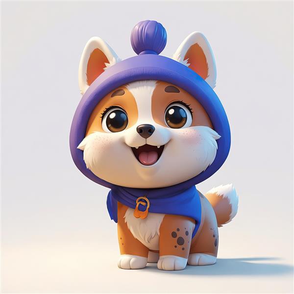 تصویر 3D توله سگ کارتونی با کلاه و شال آبی و بنفش