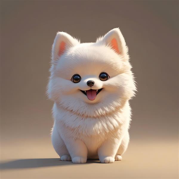 توله سگ بامزه پامرانین سفید نشسته با پس‌زمینه کرم/خاکستری