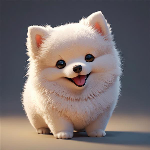 توله سگ سفید پامرانین با لبخند و گونه‌های برجسته (ماکرو)