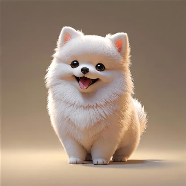 توله سگ پامرانین سفید و پشمالو با چشم‌های درشت و پس‌زمینه محو