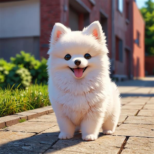 توله سگ پشمالو سفید در پیاده‌روی شهری با آجر و سبزه