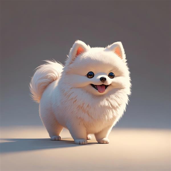 توله سگ پامرانین سفید شاد با دم بالا در استودیو