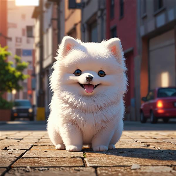 توله سگ پشمالو سفید پامرانین روی سنگفرش خیابان