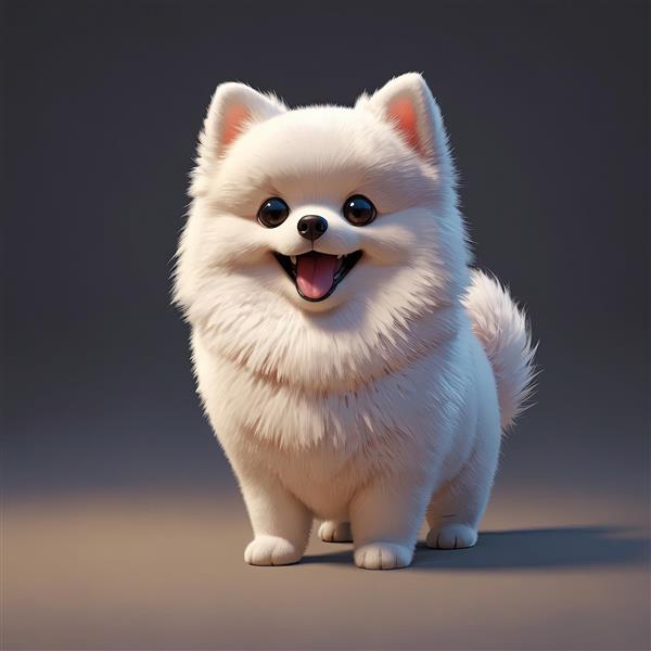 سگ پامرانین سفید با پس‌زمینه تیره و نورپردازی از پایین (عکس باکیفیت و استایل هنری)