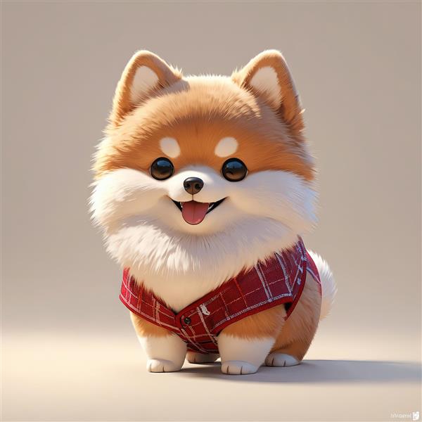 پامرانین قهوه‌ای و سفید با لباس چهارخانه قرمز (تصویر کارتونی بامزه برای چاپ دیواری)