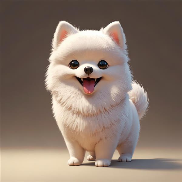 عکس توله سگ پامرانین سفید شاد با دهان باز و دم فرفری (تصویر باکیفیت استوک، برای چاپ پوستر)