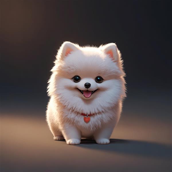 تصویر سگ پامرانین سفید عروسکی با قلاده و پلاک قلبی (عکس اورجینال با نورپردازی خاص)