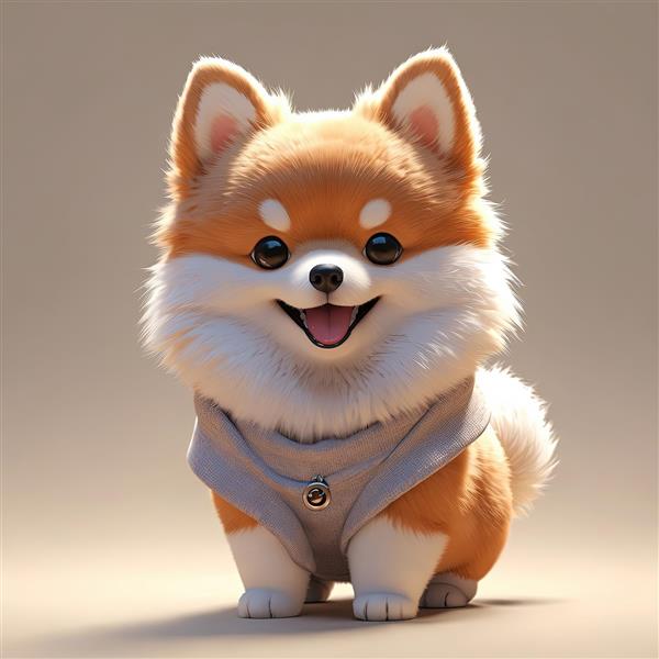 تصویر سگ پامرانین کارتونی با سوییشرت طوسی و پلاک دکمه‌ای