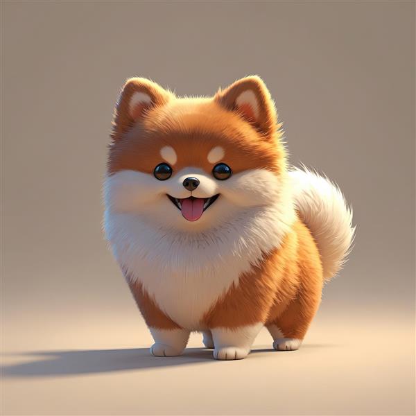 توله سگ پامرانین کارتونی با موهای پف‌دار قهوه‌ای و سفید