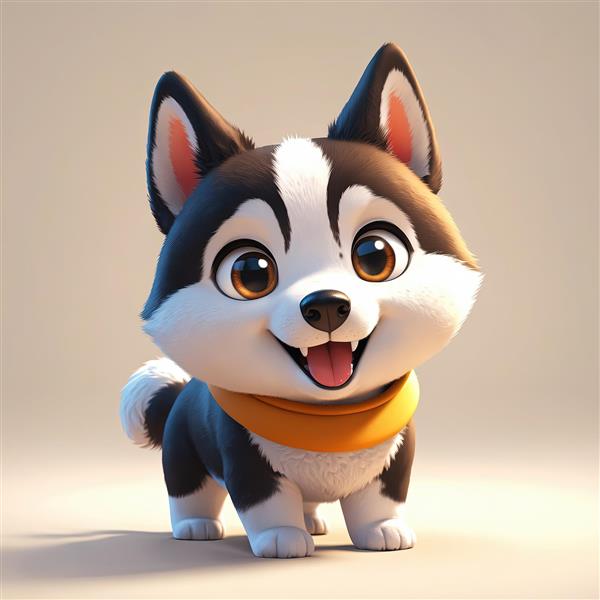 سگ هاسکی کارتونی با باندانا/یقه نارنجی و نگاه شاد
