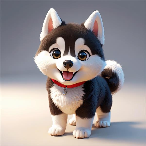 تصویر سگ هاسکی کارتونی با یقه قرمز و پلاک دایره‌ای