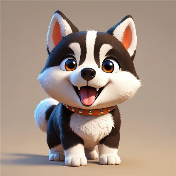 تصویر سگ هاسکی کارتونی بامزه با یقه قهوه‌ای پرچ‌دار