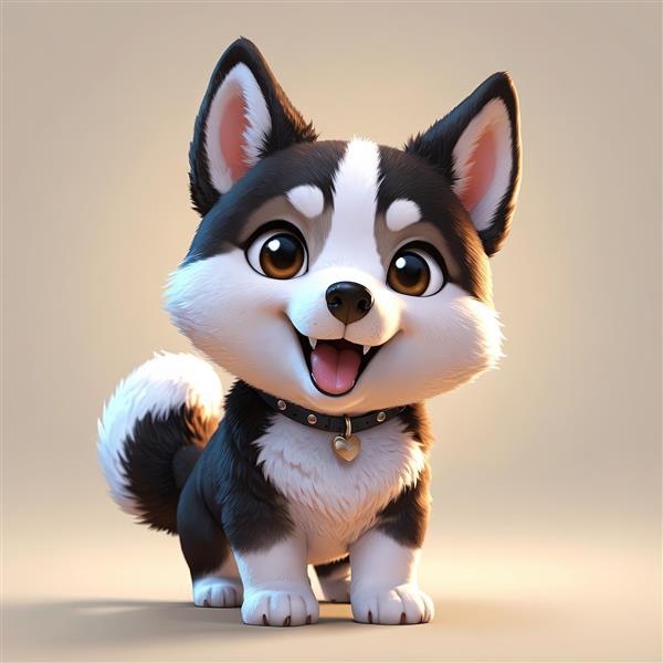 توله سگ هاسکی/مالاموت کارتونی ایستاده با یقه و پلاک قلبی