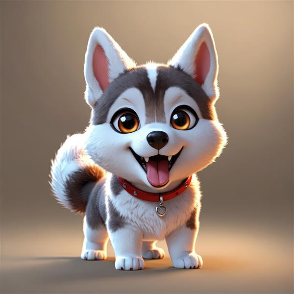 سگ هاسکی بامزه با یقه قرمز و پلاک دایره‌ای (کیفیت بالا برای دکور)