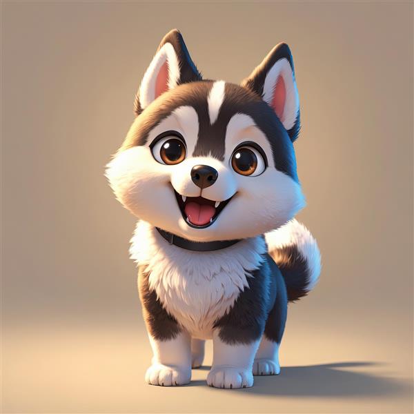 توله هاسکی کارتونی بدون یقه در حالت ایستاده و نگاه مستقیم