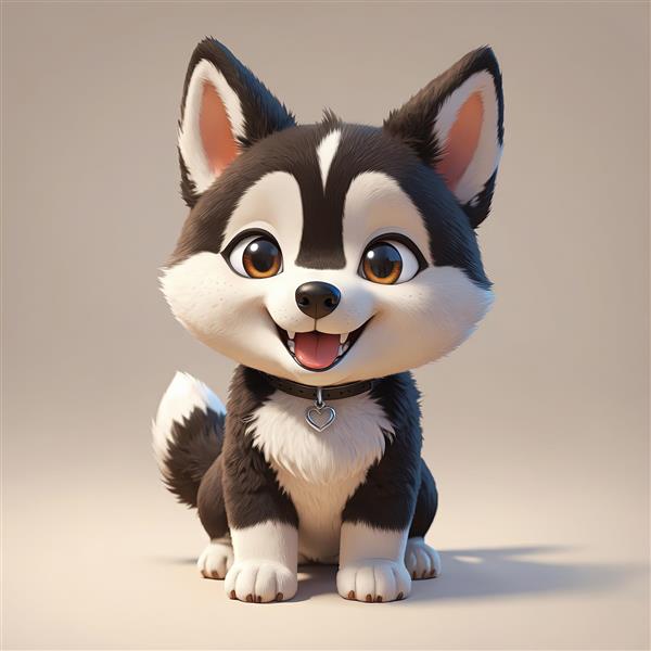 وکتور توله سگ هاسکی نشسته با پلاک قلبی مشکی و زمینه روشن