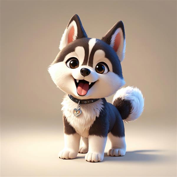 سگ هاسکی کوچک کارتونی با پلاک قلبی و حالت ایستاده بازیگوش