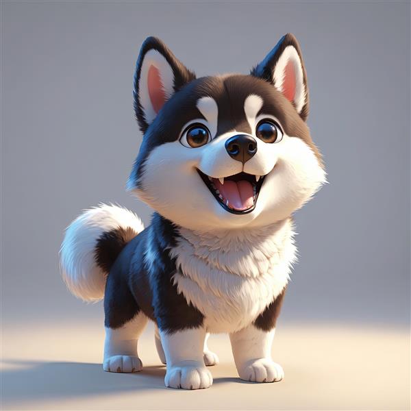 توله سگ هاسکی/مالاموت بامزه ایستاده با دم پشمالو (تصویر وکتور باکیفیت)