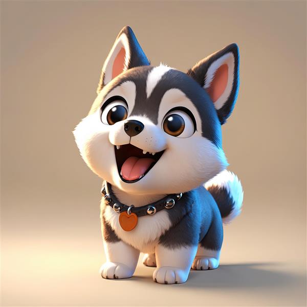 سگ هاسکی کارتونی با یقه پرچ‌دار و پلاک نارنجی دایره‌ای