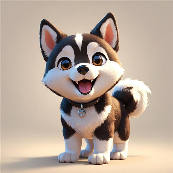 توله هاسکی شاد کارتونی با یقه چرمی مشکی و پلاک قلبی